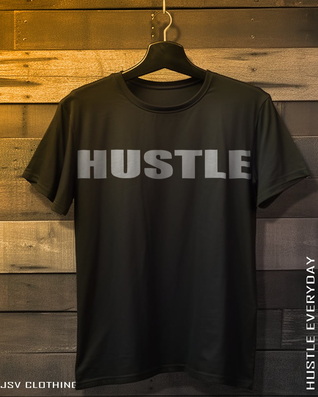 Black JSV men's T-shirt with bold Hustle text graphic