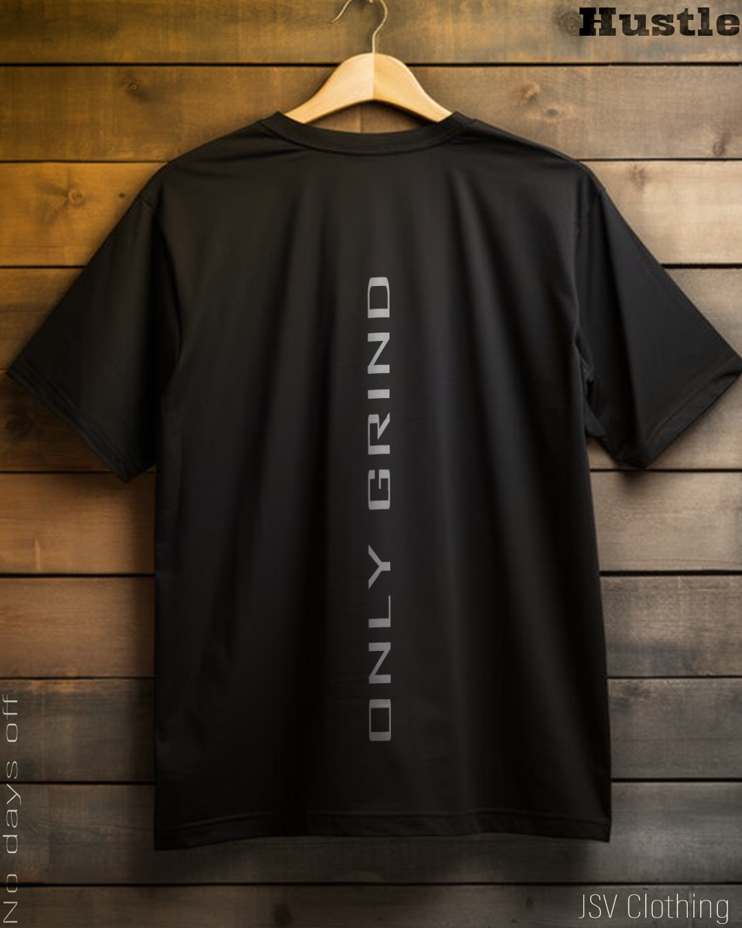 Black JSV Men's T-shirt with bold Hustle text graphic - Image 2