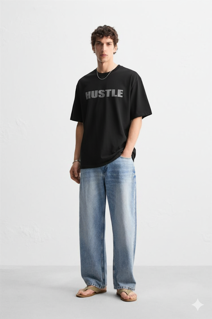 Black JSV Men's T-shirt with bold Hustle text graphic